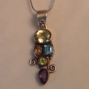 Vintage Multi Gemstone Silver Pendant Necklace